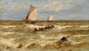 Weber, Théodore Alexander (1838-1907) „Segler und Ruderboot“, Öl/Leinwand, verso bez., 32,3x55cm (m.R. 38,8x61,5cm)