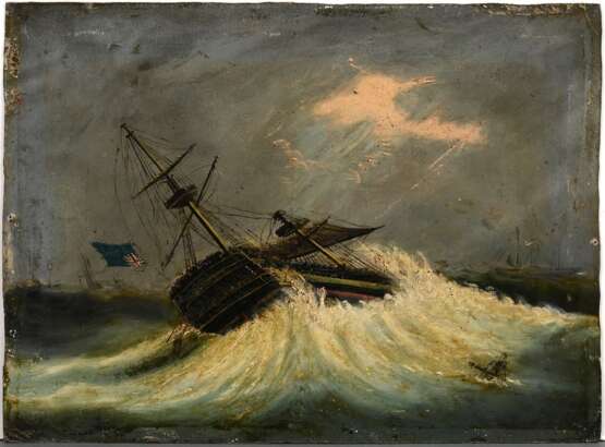 Unbekannter Maler um 1800 „His M. Ship ‘St. George‘ in a Hurricane“ 1805, Öl/Malpappe, auf Rückwand bez., 28x37,5cm, leicht verschmutzt, Randdefekte - photo 1