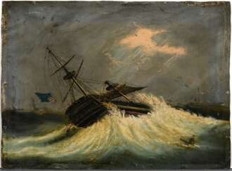 Unbekannter Maler um 1800 „His M. Ship ‘St. George‘ in a Hurricane“ 1805, Öl/Malpappe, auf Rückwand bez., 28x37,5cm, leicht verschmutzt, Randdefekte