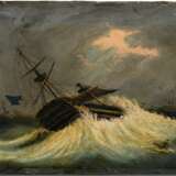 Unbekannter Maler um 1800 „His M. Ship ‘St. George‘ in a Hurricane“ 1805, Öl/Malpappe, auf Rückwand bez., 28x37,5cm, leicht verschmutzt, Randdefekte - photo 1