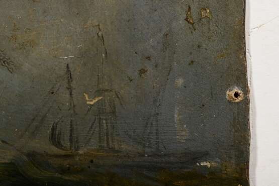 Unbekannter Maler um 1800 „His M. Ship ‘St. George‘ in a Hurricane“ 1805, Öl/Malpappe, auf Rückwand bez., 28x37,5cm, leicht verschmutzt, Randdefekte - photo 4