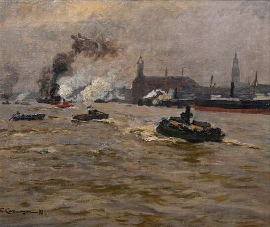 Kallmorgen, Friedrich (1856-1924) „Hamburger Hafen“ 1897, Öl/Leinwand auf Hartfaser kaschiert, u.l. sign./dat., Prunkrahmen, 39x46,3cm (m.R. 53,5x60cm), rest. - photo 1