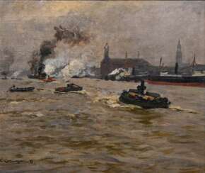 Kallmorgen, Friedrich (1856-1924) „Hamburger Hafen“ 1897, Öl/Leinwand auf Hartfaser kaschiert, u.l. sign./dat., Prunkrahmen, 39x46,3cm (m.R. 53,5x60cm), rest.