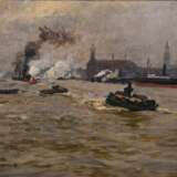 Kallmorgen, Friedrich (1856-1924) „Hamburger Hafen“ 1897, Öl/Leinwand auf Hartfaser kaschiert, u.l. sign./dat., Prunkrahmen, 39x46,3cm (m.R. 53,5x60cm), rest. - photo 1