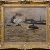 Kallmorgen, Friedrich (1856-1924) „Hamburger Hafen“ 1897, Öl/Leinwand auf Hartfaser kaschiert, u.l. sign./dat., Prunkrahmen, 39x46,3cm (m.R. 53,5x60cm), rest. - photo 2