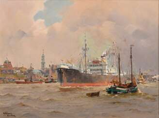 Mühlhan, Adolf (1886-1956) „Schiffsverkehr im Hamburger Hafen“, Öl/Hartfaser, u.l. sign., 30,5x40,5cm (m.R. 38,7x48,7cm)