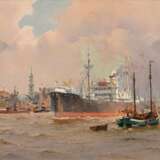 Mühlhan, Adolf (1886-1956) „Schiffsverkehr im Hamburger Hafen“, Öl/Hartfaser, u.l. sign., 30,5x40,5cm (m.R. 38,7x48,7cm) - photo 1