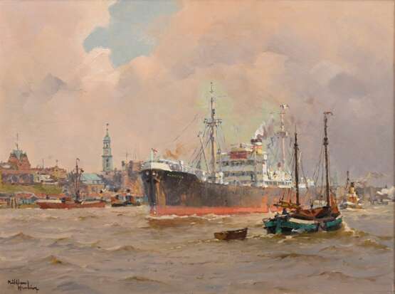 Mühlhan, Adolf (1886-1956) „Schiffsverkehr im Hamburger Hafen“, Öl/Hartfaser, u.l. sign., 30,5x40,5cm (m.R. 38,7x48,7cm) - photo 1