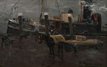 Hagemans, Maurice (1852-1917) „Beladung an der Mole“, Öl/Holz, u.r. sign., 27,5x43cm (m.R. 42,8x58cm)