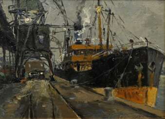 Qvistorff, Victor (1882-1953) „Frachter an der Mole“, Öl/Malpappe, u.r. sign., 15,2x21,2cm (m.R. 19,5x25cm)