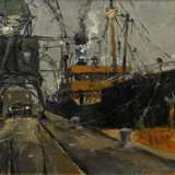 Qvistorff, Victor (1882-1953) „Frachter an der Mole“, Öl/Malpappe, u.r. sign., 15,2x21,2cm (m.R. 19,5x25cm) - photo 1