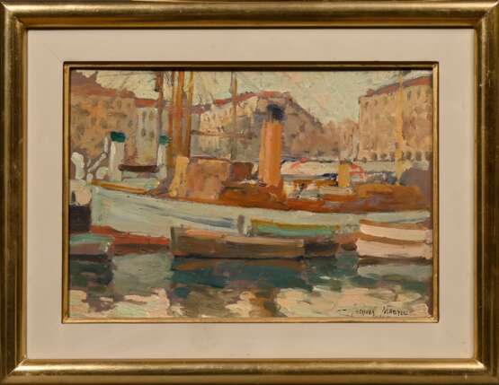 Maydol, Jacques (1871-1950) „Hafen von Nizza“ 1919, Öl/Holz, u.r. sign./bez./dat., verso auf Klebeetikett bez., 23,5x33,5cm (m.R. 33x43cm) - photo 2