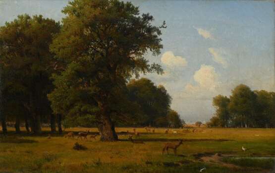 Nordahl Grove, Peter Frederick (1822-1885) "Jægersborg Dyrehave (Hirschpark Kopenhagen)" 1863, Öl/Leinwand, u.r. sign./dat., verso bez./dat., 25x39,2cm (m.R. 36,2x50cm), min. rest., u.r. kleiner Defekt der Malo… - photo 1