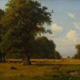 Nordahl Grove, Peter Frederick (1822-1885) "Jægersborg Dyrehave (Hirschpark Kopenhagen)" 1863, Öl/Leinwand, u.r. sign./dat., verso bez./dat., 25x39,2cm (m.R. 36,2x50cm), min. rest., u.r. kleiner Defekt der Malo… - photo 1
