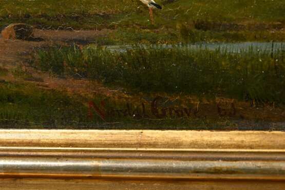Nordahl Grove, Peter Frederick (1822-1885) "Jægersborg Dyrehave (Hirschpark Kopenhagen)" 1863, Öl/Leinwand, u.r. sign./dat., verso bez./dat., 25x39,2cm (m.R. 36,2x50cm), min. rest., u.r. kleiner Defekt der Malo… - photo 3
