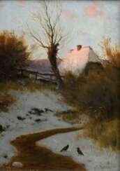 Splitgerber, August Karl Martin (1844-1918) &quot;Winterlandschaft mit Gehöft&quot;, Öl/Holz, u.r. sign., verso Klebeetikett &quot;Kunstsalon Franke, Leipzig&quot;, Prunkrahmen, 24,2x17,8cm (m.R. 38x32cm), kleine Randdef…