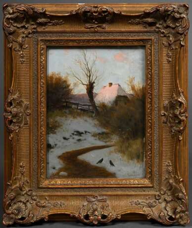 Splitgerber, August Karl Martin (1844-1918) "Winterlandschaft mit Gehöft", Öl/Holz, u.r. sign., verso Klebeetikett "Kunstsalon Franke, Leipzig", Prunkrahmen, 24,2x17,8cm (m.R. 38x32cm), kleine Randdef… - photo 2