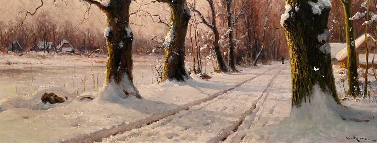 Moras, Walter (1856-1925) "Winterliche Allee", Öl/Leinwand, u.r. sign., 80,5x120,5cm (m.R. 96x135,5cm), kleine Defekte der Maloberfläche Moras, Walter (1856-1925) "Winterliche Allee", Öl/Leinwand, u.r. sign., 80,5x120,5cm (m.R. 96x135,5cm), kleine Defekte der Maloberfläche