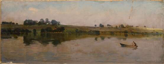 Raupp, Karl (1837-1918) „Chiemseelandschaft“, Öl/Papier auf Malpappe kaschiert, u.l. sign., 24x62cm, rest., Randdefekte, kleine Defekte der Maloberfläche - photo 1