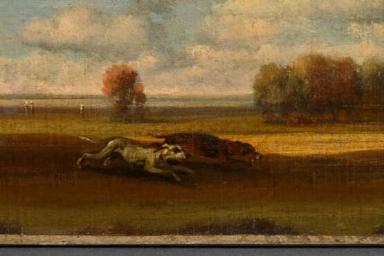 Zimmermann, Albert August (1808-1888) „Hasenjagd“, Öl/Leinwand auf Holz kaschiert, u.l. sign., 21,5x61cm, rest., kleine Defekte - Foto 2
