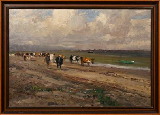 Schwinge, Friedrich (1852-1913) „Heimtrieb der Herde“, Öl/Holz, u.r. sign., verso auf Klebeetikett "Galerie Commeter/ Hamburg" bez./betit., 42x61,5cm (m.R. 48,3x67,5cm), Craquelé - photo 2