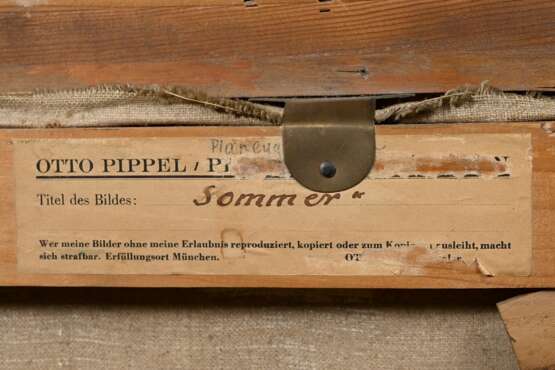 Pippel, Otto (1878-1960) "Sommer (Heuernte)", Öl/Leinwand, u.r. sign., verso Klebeetikett "Otto Pippel", darauf betitelt und Klebeetikett "Galerie Commeter", 50,5x60,5cm (m.R. 65,5x75,5cm), … - photo 6