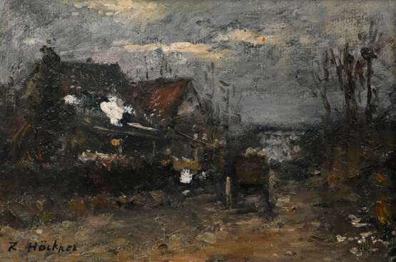 Höckner, Rudolf (1864-1942) "Landschaft mit Kutsche und Gehöft", Öl/Leinwand auf Pappe kaschiert, u.l. sign., 12,5x19cm (m.R. 21,5x27,5cm) - photo 1