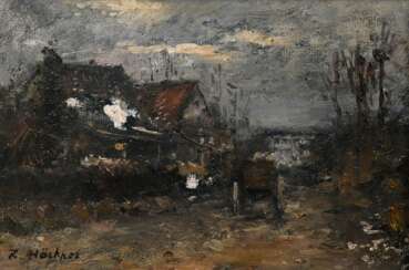 Höckner, Rudolf (1864-1942) &quot;Landschaft mit Kutsche und Gehöft&quot;, Öl/Leinwand auf Pappe kaschiert, u.l. sign., 12,5x19cm (m.R. 21,5x27,5cm)