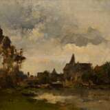 Dufour, Camille Emile (1841-1933) „Flusslandschaft mit Kirche“, Öl/Holz, u.l. sign., 17,6x26,8cm (m.R. 36,3x45,4cm), rest., Holz min. gebogen - photo 1