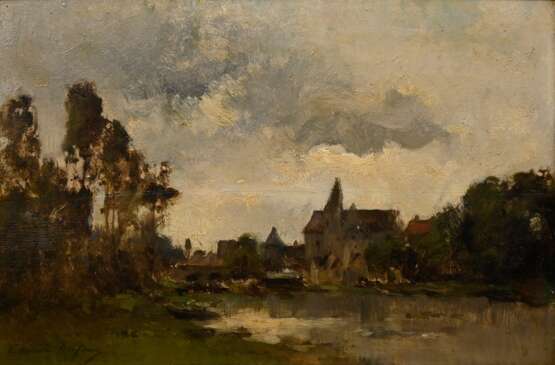 Dufour, Camille Emile (1841-1933) „Flusslandschaft mit Kirche“, Öl/Holz, u.l. sign., 17,6x26,8cm (m.R. 36,3x45,4cm), rest., Holz min. gebogen - photo 1