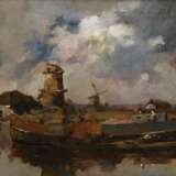 Unbekannter niederländischer Künstler des 19.Jh. "Flusslandschaft mit Kähnen", breiter Impressionisten Rahmen, 30x40,8cm (m.R. 48,5x59cm) - photo 1