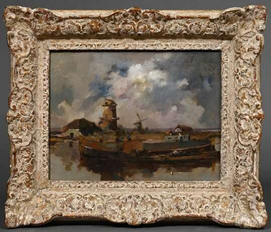 Unbekannter niederländischer Künstler des 19.Jh. "Flusslandschaft mit Kähnen", breiter Impressionisten Rahmen, 30x40,8cm (m.R. 48,5x59cm) - photo 2