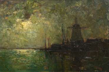 Guba, Rudolf Anton (1884-1950) &quot;Niederländische Küstenlandschaft mit Mühle im Mondschein&quot;, Öl/Leinwand, doubliert, verso Klebeetikett &quot;Kunsthaus Golombek, Hamburg&quot;, 41,5x61cm (m.R. 49,5x69,5cm), rest.…