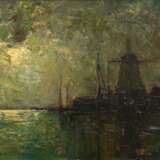 Guba, Rudolf Anton (1884-1950) "Niederländische Küstenlandschaft mit Mühle im Mondschein", Öl/Leinwand, doubliert, verso Klebeetikett "Kunsthaus Golombek, Hamburg", 41,5x61cm (m.R. 49,5x69,5cm), rest.… - photo 1