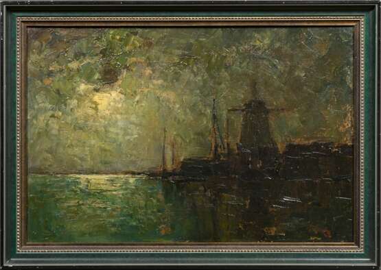 Guba, Rudolf Anton (1884-1950) "Niederländische Küstenlandschaft mit Mühle im Mondschein", Öl/Leinwand, doubliert, verso Klebeetikett "Kunsthaus Golombek, Hamburg", 41,5x61cm (m.R. 49,5x69,5cm), rest.… - photo 2
