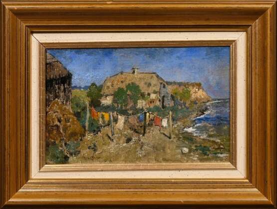Heffner, Karl (1849-1925) „Auf Rügen (Häuser am Strand)“, Öl/Leinwand auf Pappe und Faserplatte kaschiert, u.l. sign., 13,5x22cm (m.R. 24,2x3,cm), rest. - Foto 2