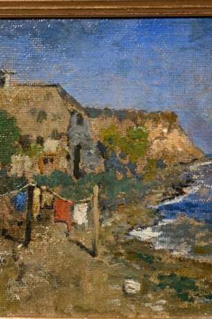 Heffner, Karl (1849-1925) „Auf Rügen (Häuser am Strand)“, Öl/Leinwand auf Pappe und Faserplatte kaschiert, u.l. sign., 13,5x22cm (m.R. 24,2x3,cm), rest. - Foto 3