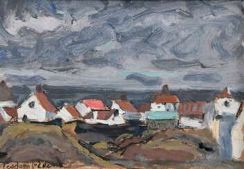 Tesdorpf-Edens, Ilse (1892-1966) „Häuser am Meer“, Öl/Malpappe, u.l. sign., verso Klebeetikett &quot;Galerie Commeter/ Hamburg&quot;, 17,3x24cm (m.R. 28,5x36cm)