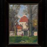 Unbekannter Künstler des frühen 20.Jh. "Villa zwischen Bäumen", Öl/Leinwand auf Karton kaschiert, verso Klebeetikett "Kunstsalon Neupert und Weinmann/ Plauen", 34,3x24,8cm (m.R. 46,5x37,3cm) - Foto 2
