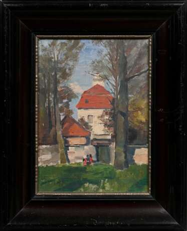 Unbekannter Künstler des frühen 20.Jh. "Villa zwischen Bäumen", Öl/Leinwand auf Karton kaschiert, verso Klebeetikett "Kunstsalon Neupert und Weinmann/ Plauen", 34,3x24,8cm (m.R. 46,5x37,3cm) - Foto 2