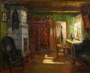 Ruths, Amelie (1871-1956) „Interieur einer Vierländer Stube“ 1911, Öl/Leinwand, u.r. sign./dat., verso auf Klebeetikett sign./bez., 52,5x70,5cm (m.R. 67,5x85,5cm), rest., Craquelé