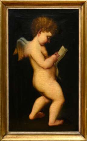 Unbekannter Maler des 18.Jh. "Lesender Amor" nach Antonio Allegri da Correggio (1489-1534), Öl/Leinwand, 70x41,5cm (m.R. 78x50,5cm), Craquelé, Keilrahmen leicht durchgedrückt, rest., Vgl. Pinakothek, https://ww… - photo 2