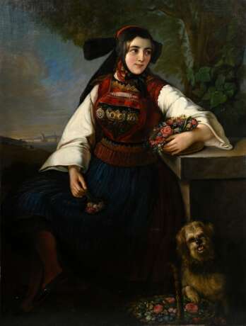 Remde, Friedrich (1801-1878) „Vierländerin in Hochzeitstracht - Mathilde Adelheid Remde (geb. Böhme) ?“ 1854, Öl/Leinwand doubliert, m.r. sign./dat., 130x98cm, rest., kleine Defekte der Maloberfläche, Provenienz: Christi… - Foto 1