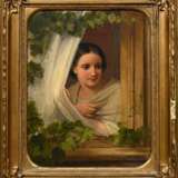 Embde, Caroline von der (1812-1867) "Mädchen am Fenster" 1858, Öl/Metall, u. mittig sign./dat., Prunkrahmen (kleine Defekte), verso Klebeetikett mit Provenienzangabe, 35,5x28cm (m.R. 46,5x39,5cm), Craquelé, res… - photo 1