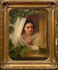 Embde, Caroline von der (1812-1867) &quot;Mädchen am Fenster&quot; 1858, Öl/Metall, u. mittig sign./dat., Prunkrahmen (kleine Defekte), verso Klebeetikett mit Provenienzangabe, 35,5x28cm (m.R. 46,5x39,5cm), Craquelé, res…