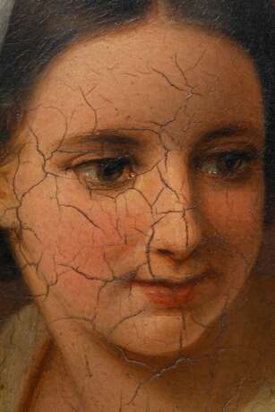 Embde, Caroline von der (1812-1867) "Mädchen am Fenster" 1858, Öl/Metall, u. mittig sign./dat., Prunkrahmen (kleine Defekte), verso Klebeetikett mit Provenienzangabe, 35,5x28cm (m.R. 46,5x39,5cm), Craquelé, res… - photo 3