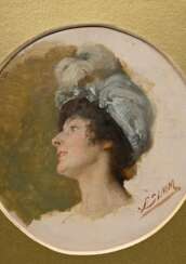 Simm, Franz Xaver (1853-1918) &quot;Frauenkopf Studie&quot;, Öl/Malpappe, u.r. sign., Ø ca. 12,5cm (m.R. 24,8x24,8cm)
