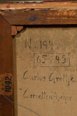 Grethe, Carlos (1864-1913) "Crevettenfischer", Öl/Leinwand, u.r. sign./bez., verso sign./betit./bez., 65,5x45,5cm (m.R. 74x54cm), kleine Randdefekte - Foto 5