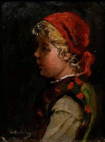 Müller-Lingke, Albert (1844-1930) "Kleines Mädchen mit rotem Kopftuch (Rotkäppchen)", Öl/Leinwand, auf Malpappe kaschiert, u.l. sign., verso bez., Prunkrahmen (kleine Defekte), 12,5x9,5cm (m.R. 32x29cm), rest.… - photo 1
