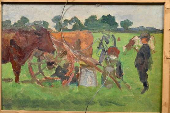 Schaper, Friedrich (1869-1956) „Kleiner Junge“ 1893, Öl/Malpappe, o.r. sign./dat., verso Studie „Feldarbeit“, ca. 37x26cm (m.R. 49,5x38,5cm), Craquelé - photo 5